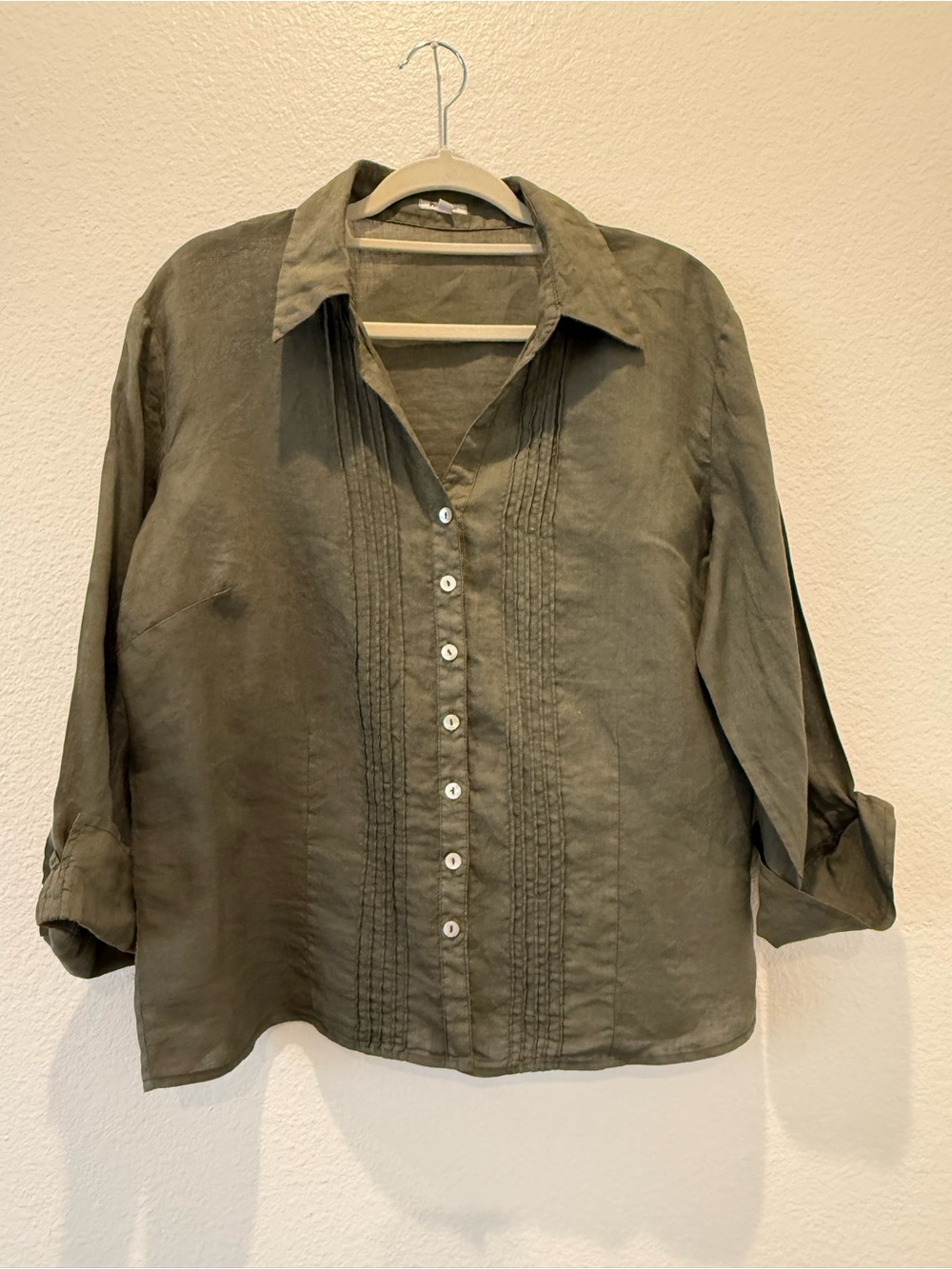 Puro Lino 100% linen button up blouse top olive green size XXL natural fabric